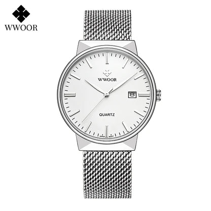 2022 Fashion Wwoor Top Brand Men Simple Slim Watches Luxury Gold Steel Mesh Ultra Thin Waterproof Date Wrist Watch Golden Clock