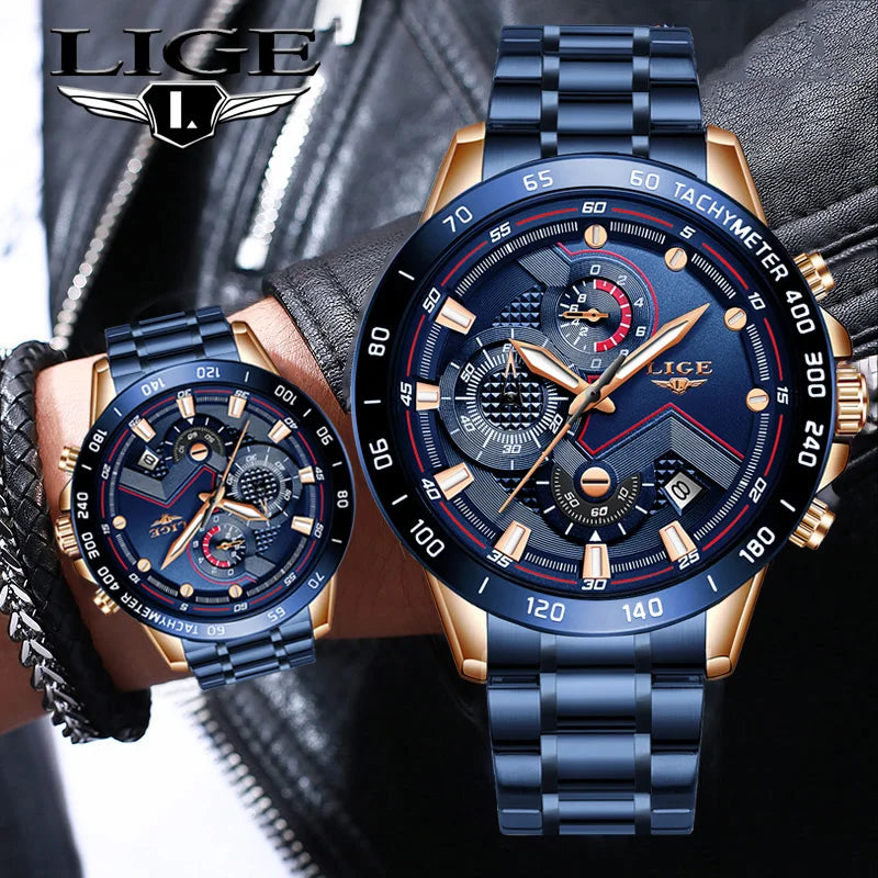 2025 New LIGE Fashion Mens Watches Stainless Steel Top Brand Luxury Sport Chronograph Quartz WithWatch For Men Relogio Masculino