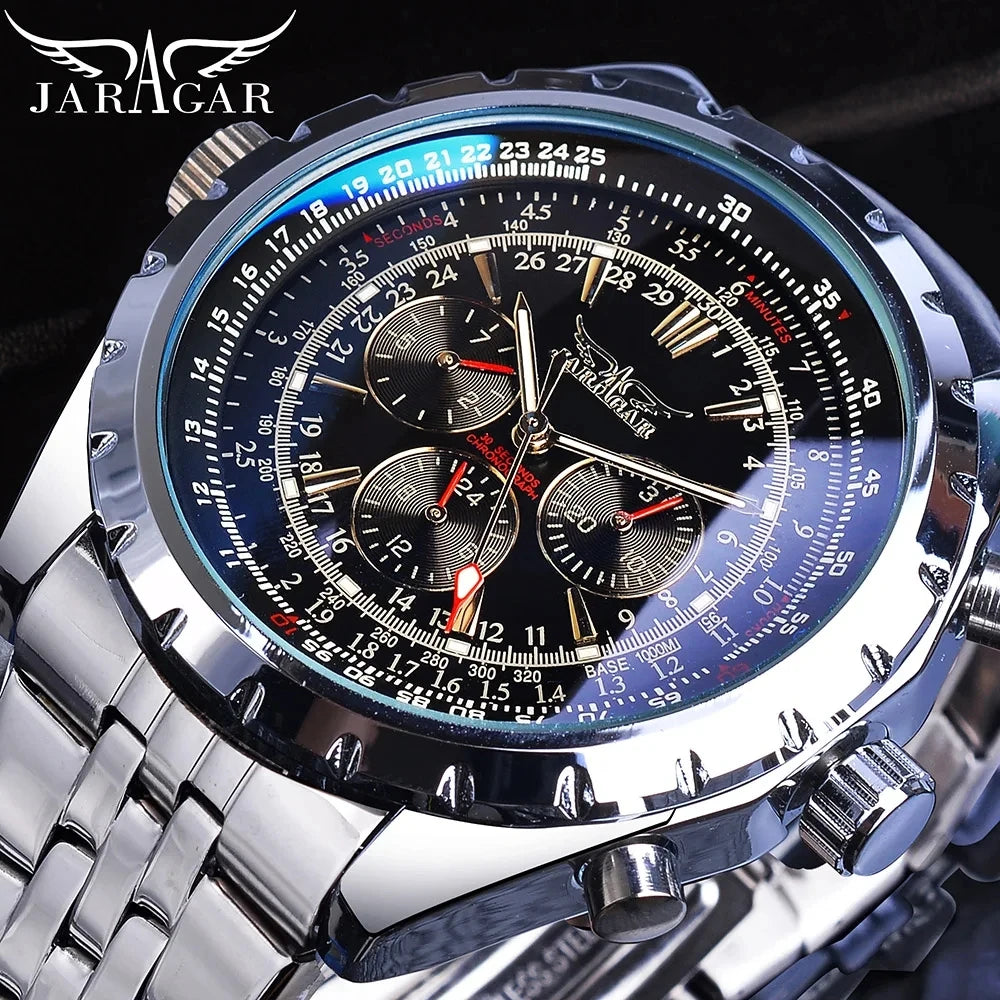 JARAGAR Sports Mens Watches Top Brand Luxury Automatic Mechanical Watch for Men Leather Steel Strap Military Wristwatches Gifts