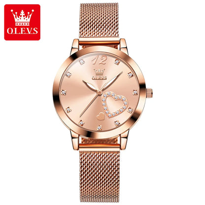 OLEVS 5189 Top Quartz Watch for Women Mesh Steel Strap Heart Design Waterproof Watches Simple Fashion Elegant Ladies Wristwatch