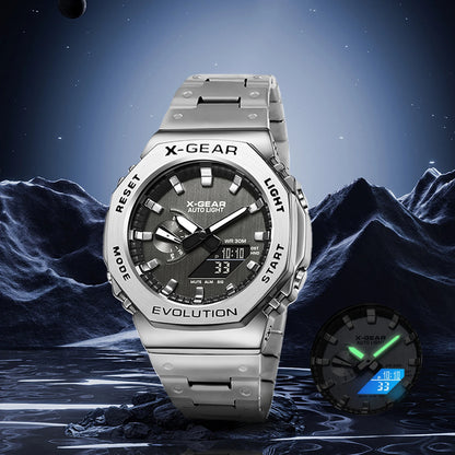 Sports Digital Electronic Unisex Watch Stainless Steel Strap LED Dual Display Multi Function Alloy Large Dial Wristwatch