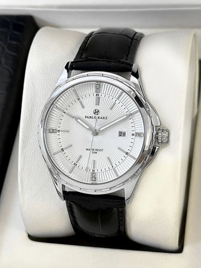 Genuine Men Wristwatch Business Sweep Movement Folding Fan Pattern Handsome Watches high-quality Leather Strap Clock  Has box