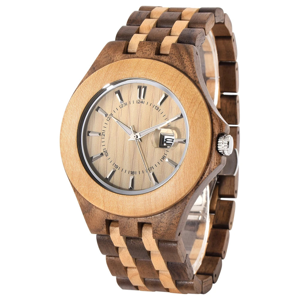 Fashion Men Natural Wood Watch Luminous Dial Date Calendar Fold Clasp Lightweight Casual Quartz Wristwatch