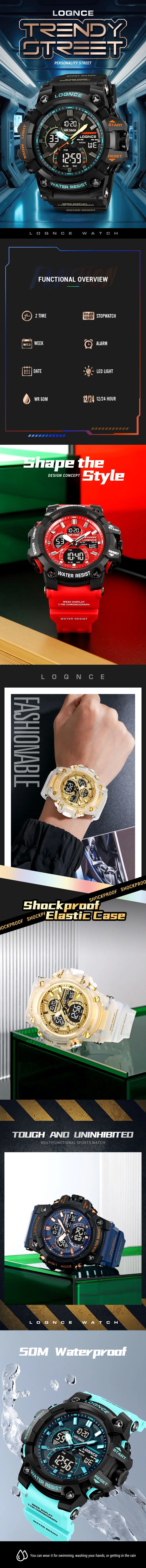 Fashion LOQNCE 98007 Men's Watch 5ATM Waterproof Watches for Men High Quality Dual Movement Multifunctional Electronics Watch
