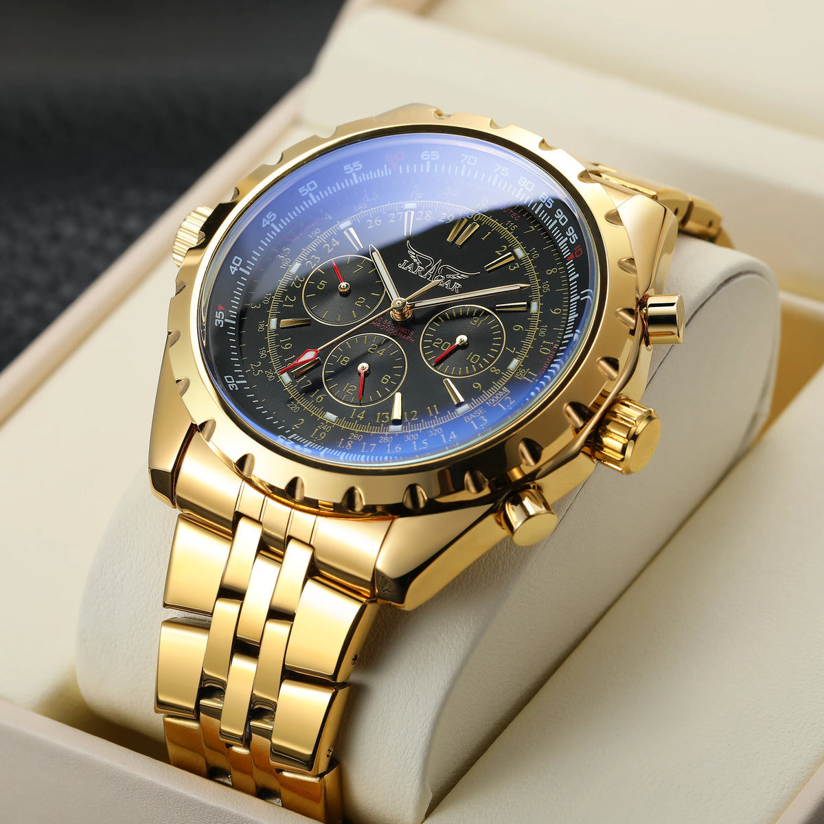 JARAGAR Original Blue Glass Big Dial Multifunctional Automatic Men's Watches Stainless Steel Vintage Mechanical Waterproof Clock