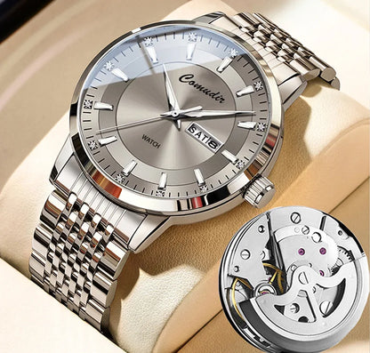 Silvery Non Mechanical Men's Watch Men's Steel Belt Hollowed Out Waterproof Tide Glow in The Dark Dual Calendar Noctilucent