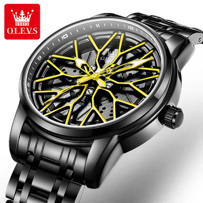 OLEVS Fashion Watch for Men Sport Car Rim Wheel Hub 360° Rotary Dial Quartz Watches Waterproof Stainless Steel Men's Wristwatch