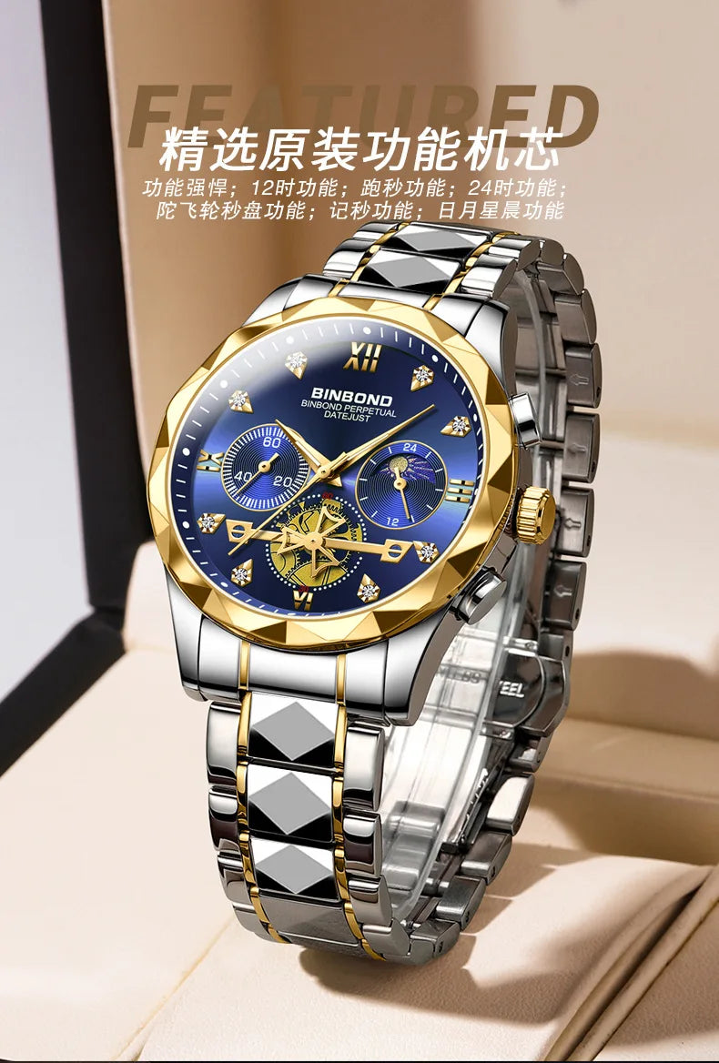 Multi Functional Quartz Watch, Versatile and Trendy Watch, Six Needle Timing, Casual and Trendy Men's Tungsten Steel Color