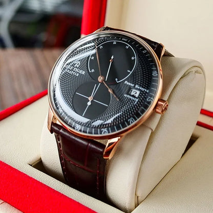 Waterproof Mechanical Watch for Men with Date and Power Reserve Display Stainless Steel Case sapphire Crystal 42mm Large Dial