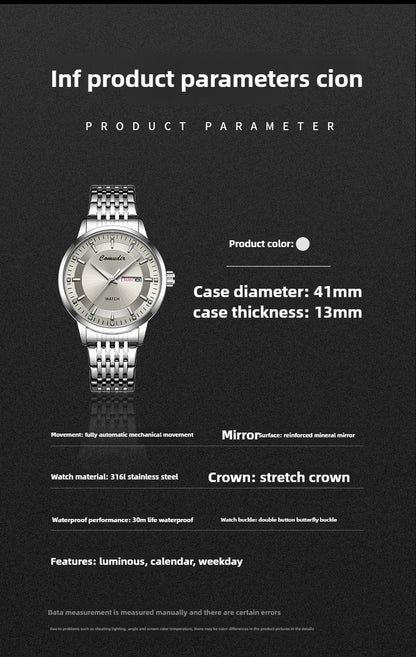 Silvery Non Mechanical Men's Watch Men's Steel Belt Hollowed Out Waterproof Tide Glow in The Dark Dual Calendar Noctilucent