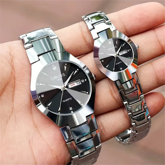 1/2pcs Couples Dial Cutting Quartz Watch Business Fashion Analog Calendar Wrist Watch Valentines Gift For Men Women Date Watch