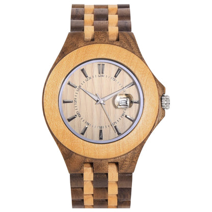 Fashion Men Natural Wood Watch Luminous Dial Date Calendar Fold Clasp Lightweight Casual Quartz Wristwatch