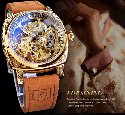 FORSINING Watches for Men Hollow Fully Automatic Mechanical Watch Luminous Waterproof Clock Leather Strap Men Watch Reloj Hombre