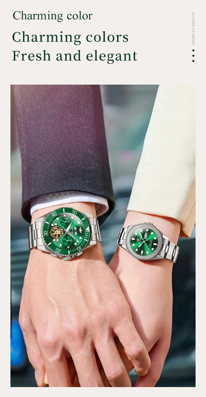 OUPINKE 3229+3205 Couple Watch Pair for Men Women Diving Series Flywheel Design Luxury Imported Movement Lover's Wedding Watches