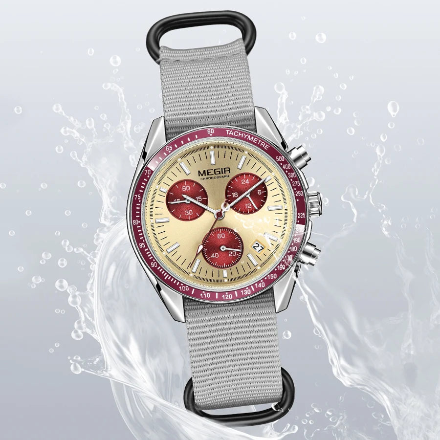MEGIR New Luxury Men's Watches Canvas Weaving Strap Sport Automatic Chronograph Quartz Waterproof Wristwatch for Male 2247