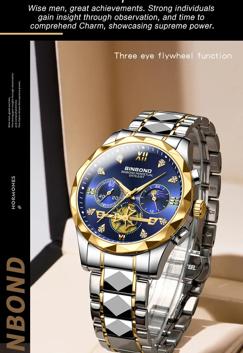 Multi Functional Quartz Watch, Versatile and Trendy Watch, Six Needle Timing, Casual and Trendy Men's Tungsten Steel Color