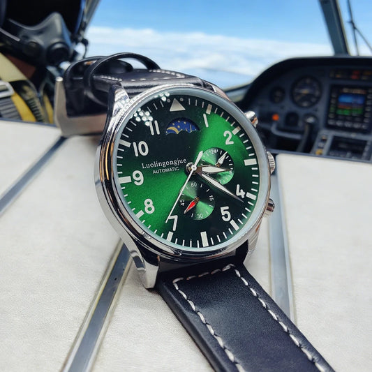Sports Men's Automatic Mechanical Watch with Skeleton Design, Round Dial, Moon Phase Sub-Dial, Luminous Leather Strap, Waterproof, Fashionable Business Casual Men's Watch, Suitable for Travel and Daily Use, with Up/Down Butto