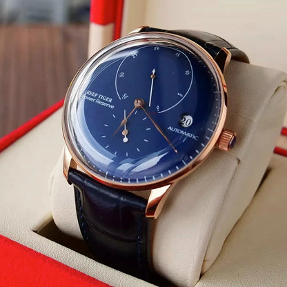 Waterproof Mechanical Watch for Men with Date and Power Reserve Display Stainless Steel Case sapphire Crystal 42mm Large Dial