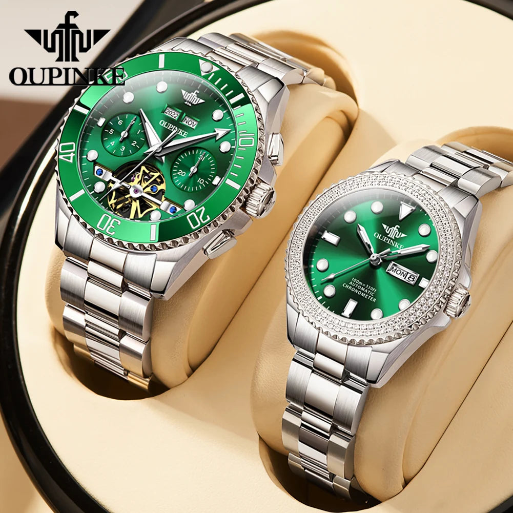 OUPINKE 3229+3205 Couple Watch Pair for Men Women Diving Series Flywheel Design Luxury Imported Movement Lover's Wedding Watches