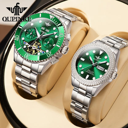 OUPINKE 3229+3205 Couple Watch Pair for Men Women Diving Series Flywheel Design Luxury Imported Movement Lover's Wedding Watches