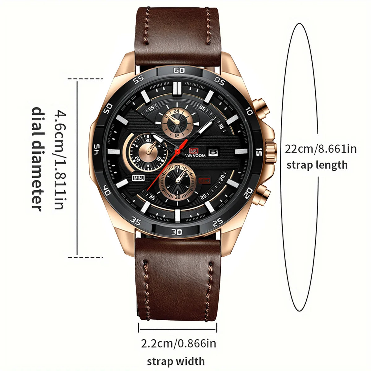 Men Sports Watch 46mm Black Leather Racing Series Everyday Wear  Fashion Original Rose Gold Dial Quartz Watches Relogio Masculin