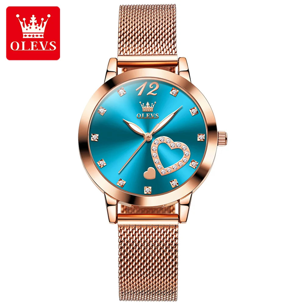 OLEVS 5189 Top Quartz Watch for Women Mesh Steel Strap Heart Design Waterproof Watches Simple Fashion Elegant Ladies Wristwatch