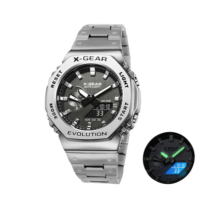 Sports Digital Electronic Unisex Watch Stainless Steel Strap LED Dual Display Multi Function Alloy Large Dial Wristwatch