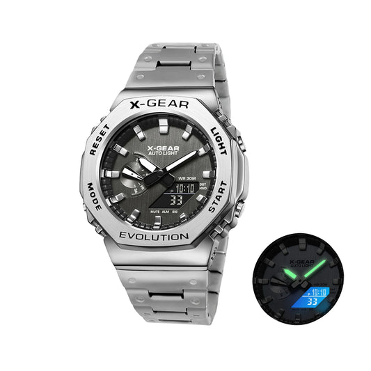 Sports Digital Electronic Unisex Watch Stainless Steel Strap LED Dual Display Multi Function Alloy Large Dial Wristwatch