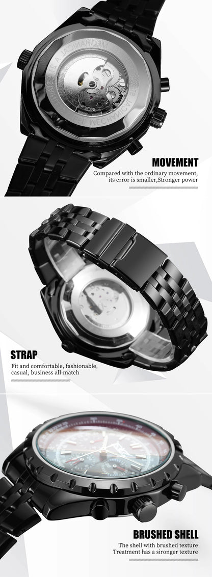 JARAGAR Original Blue Glass Big Dial Multifunctional Automatic Men's Watches Stainless Steel Vintage Mechanical Waterproof Clock