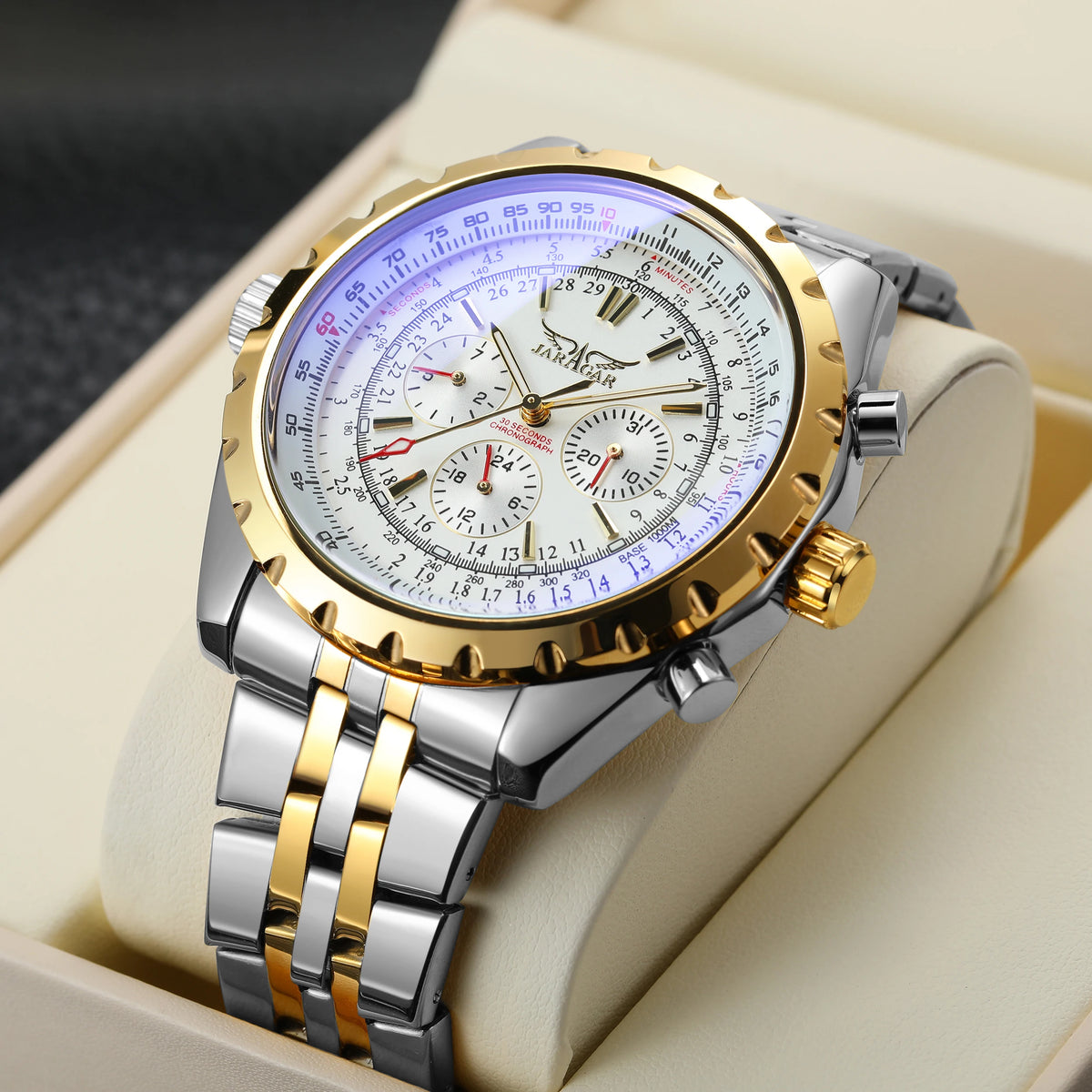 JARAGAR Original Blue Glass Big Dial Multifunctional Automatic Men's Watches Stainless Steel Vintage Mechanical Waterproof Clock