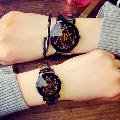 New Couple Watches Men Gear Triangle Pointer Compass Dial Second Hand Watch Women Stainless Steel Watches Relogio Feminino Clock