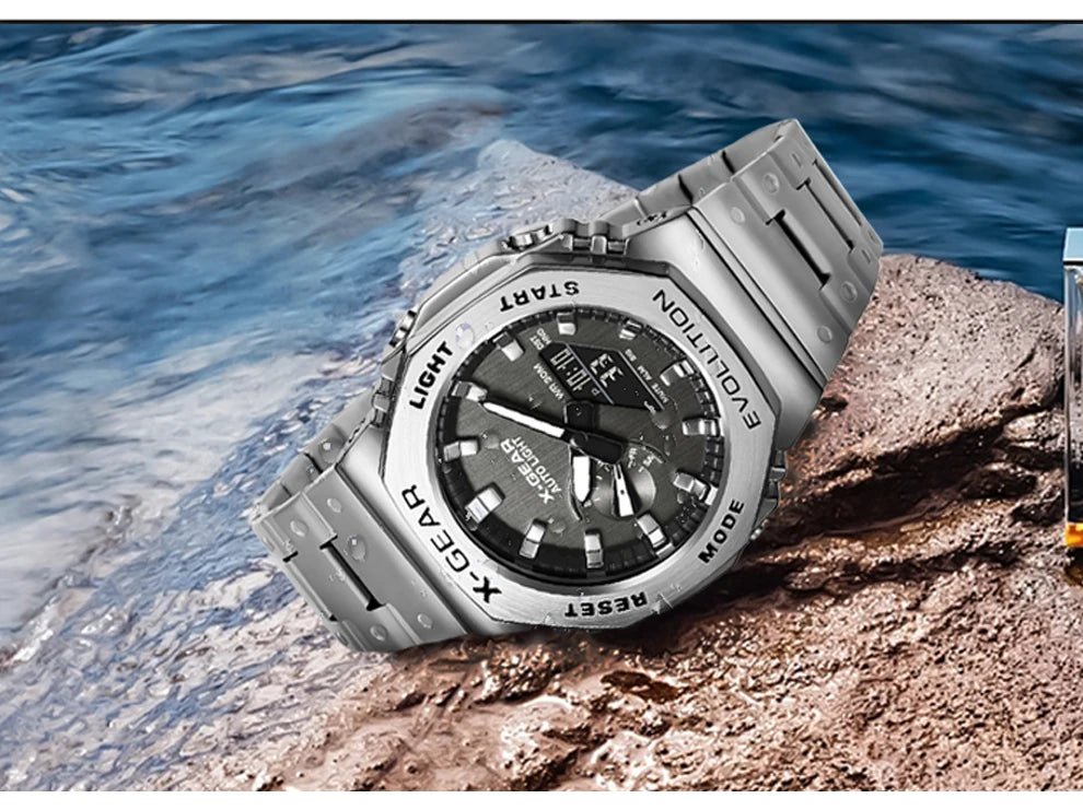 Sports Digital Electronic Unisex Watch Stainless Steel Strap LED Dual Display Multi Function Alloy Large Dial Wristwatch
