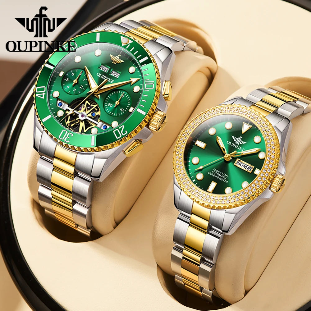 OUPINKE 3229+3205 Couple Watch Pair for Men Women Diving Series Flywheel Design Luxury Imported Movement Lover's Wedding Watches