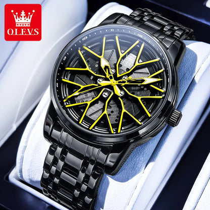 OLEVS Fashion Watch for Men Sport Car Rim Wheel Hub 360° Rotary Dial Quartz Watches Waterproof Stainless Steel Men's Wristwatch