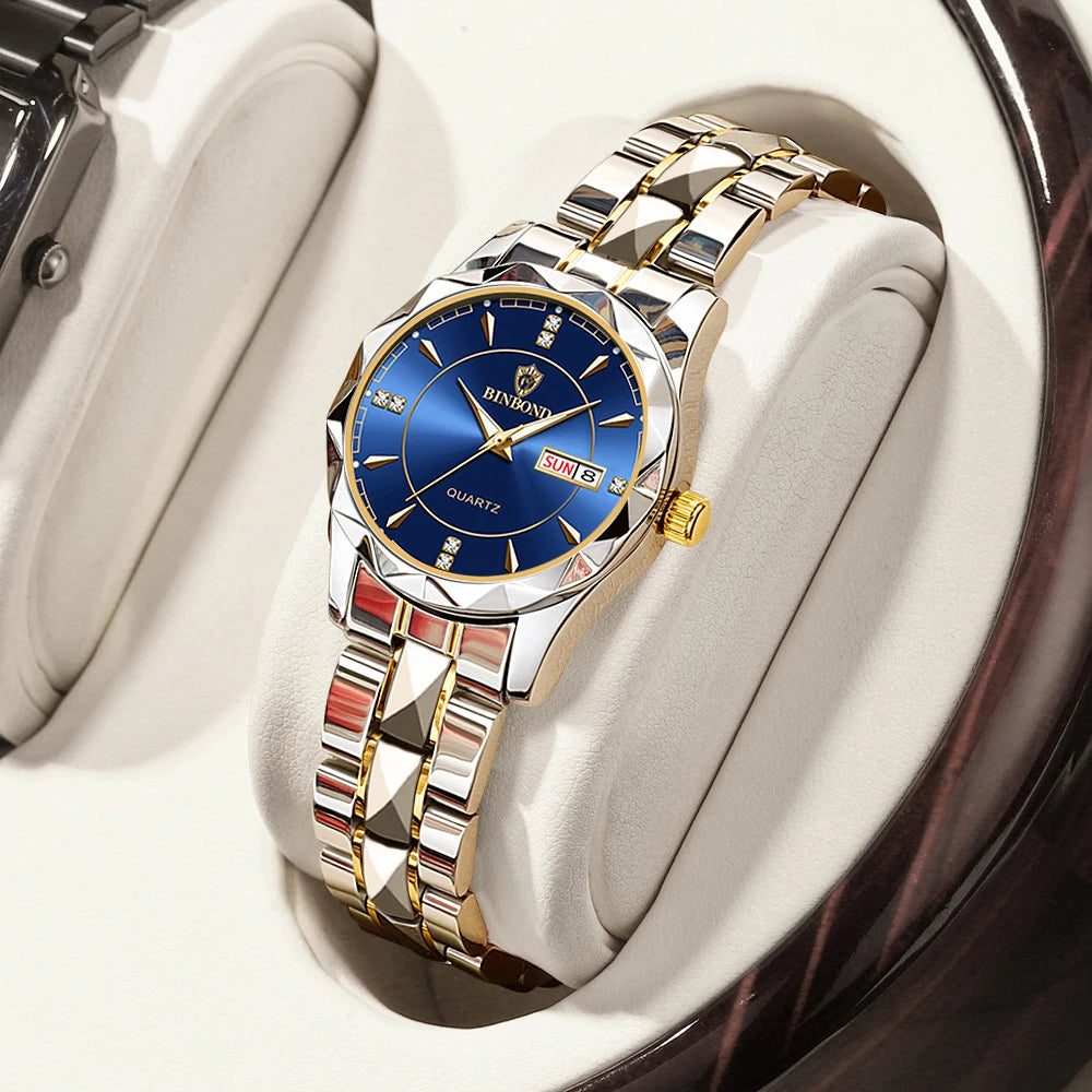 BINBOND Fashion Couple Watches Waterproof Diamond Valentine Day Lover Gift Stainless Steel Watch Men Women Quartz Watch 2pcs