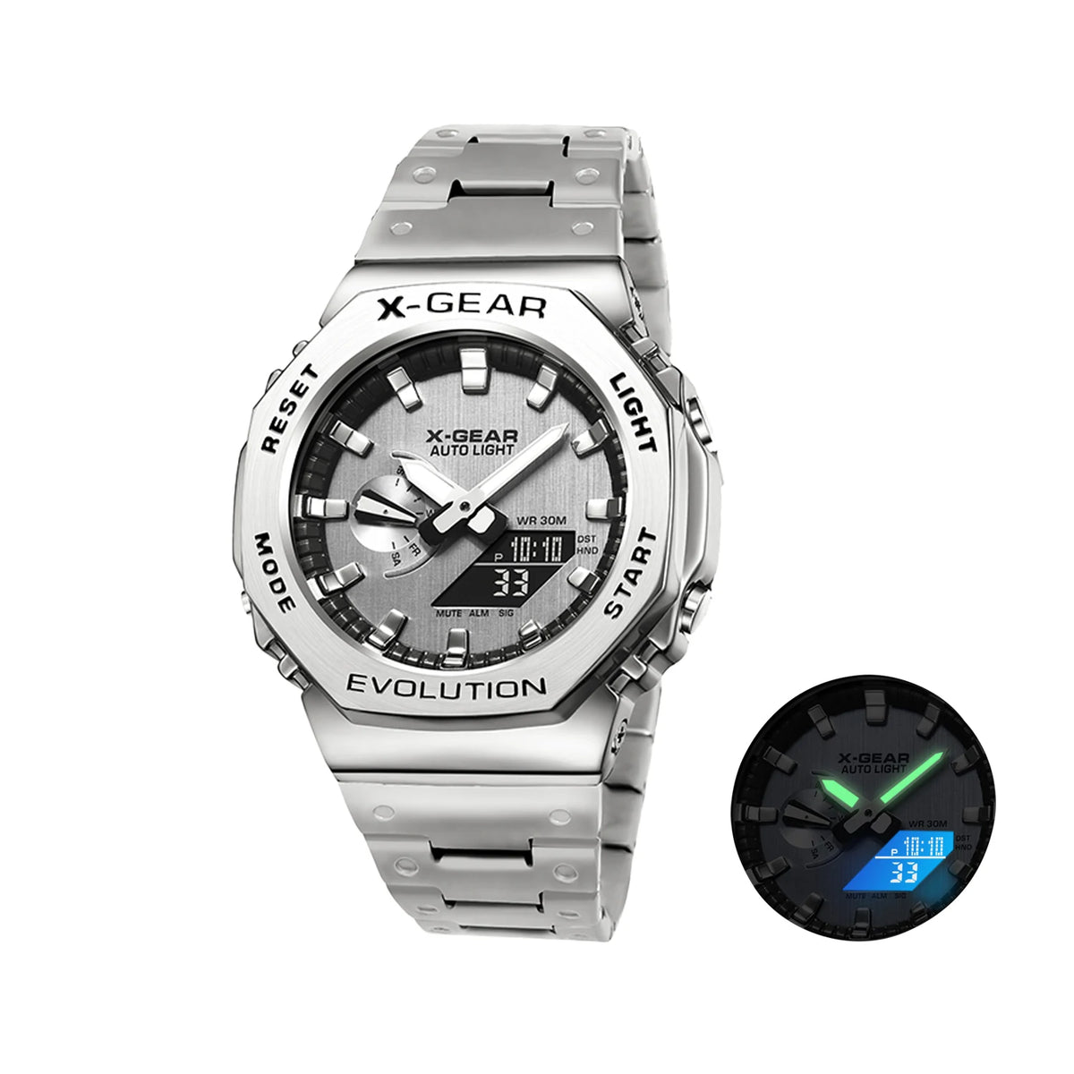 Sports Digital Electronic Unisex Watch Stainless Steel Strap LED Dual Display Multi Function Alloy Large Dial Wristwatch