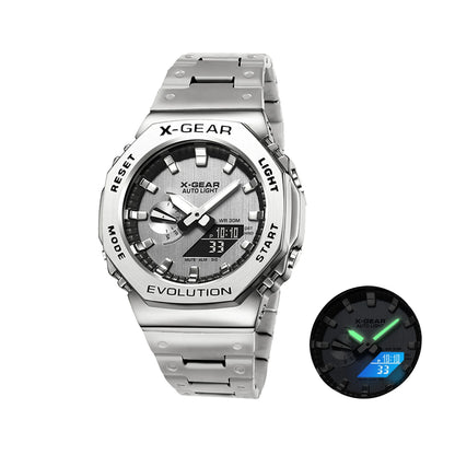 Sports Digital Electronic Unisex Watch Stainless Steel Strap LED Dual Display Multi Function Alloy Large Dial Wristwatch