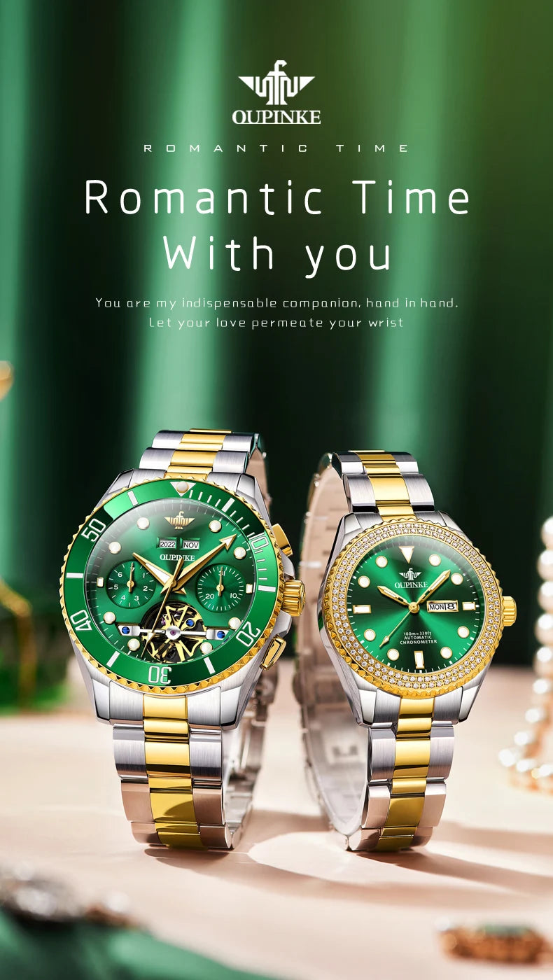 OUPINKE 3229+3205 Couple Watch Pair for Men Women Diving Series Flywheel Design Luxury Imported Movement Lover's Wedding Watches