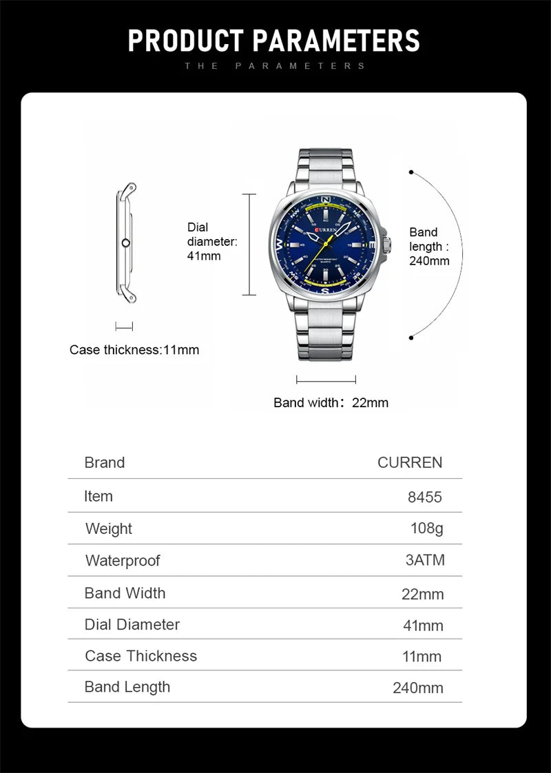 CURREN 8455 Men's Fashion Quartz Watch Business Stainless Steel Strap Night Light Waterproof Luxury Men's Watch Reloj Hombre