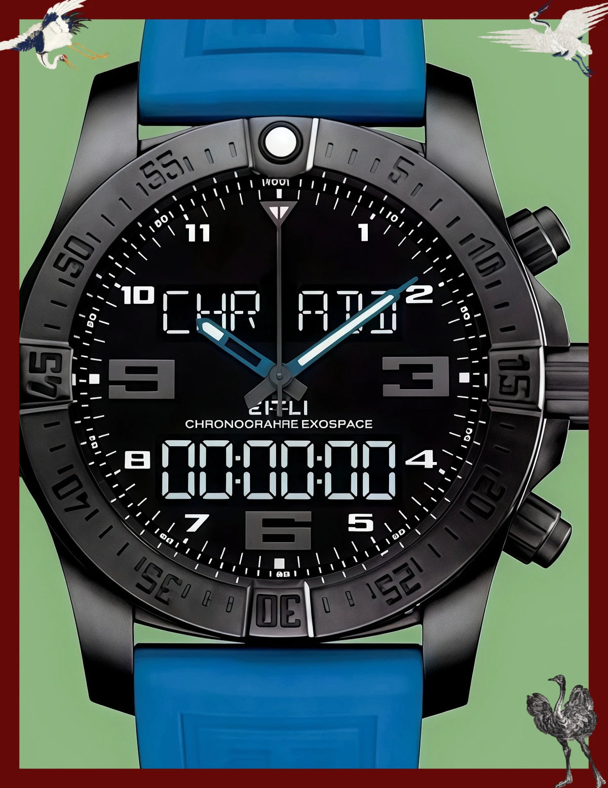 Customized Watches Men's Sports Watch, 44 mm, Digital Display, Black and Blue Rubber Strap