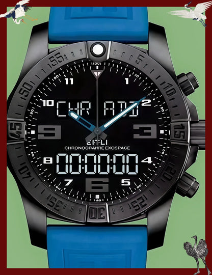 Customized Watches Men's Sports Watch, 44 mm, Digital Display, Black and Blue Rubber Strap