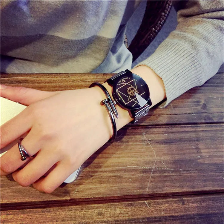 New Couple Watches Men Gear Triangle Pointer Compass Dial Second Hand Watch Women Stainless Steel Watches Relogio Feminino Clock