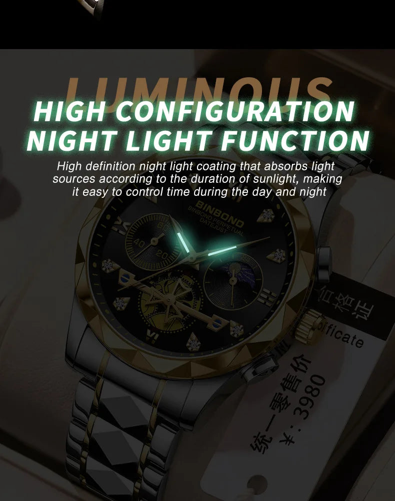 Multi Functional Quartz Watch, Versatile and Trendy Watch, Six Needle Timing, Casual and Trendy Men's Tungsten Steel Color