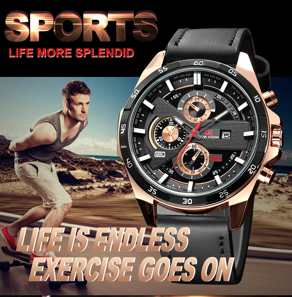 Men Sports Watch 46mm Black Leather Racing Series Everyday Wear  Fashion Original Rose Gold Dial Quartz Watches Relogio Masculin