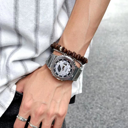 Sports Digital Electronic Unisex Watch Stainless Steel Strap LED Dual Display Multi Function Alloy Large Dial Wristwatch
