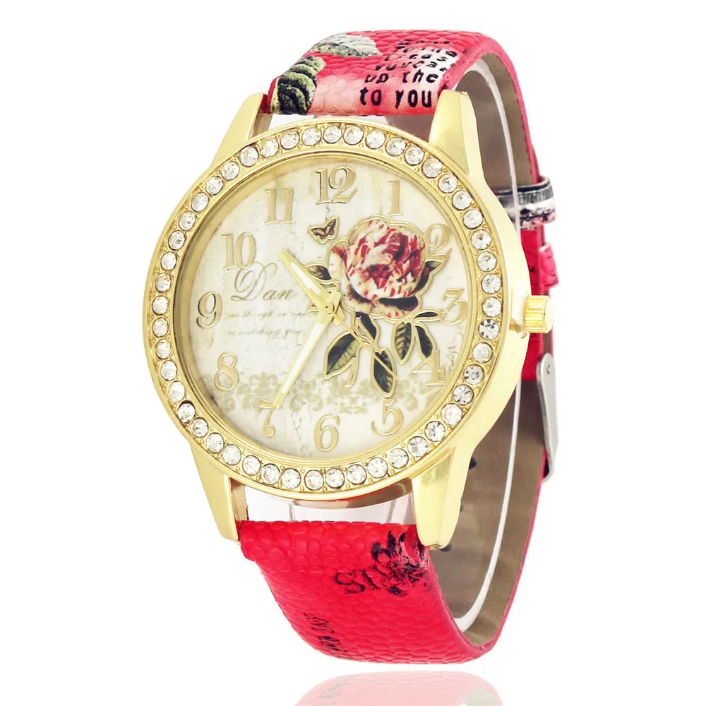 Fashion Ladies Watches Women Printed Flower Watch Luxury Casual Quartz Leather Wrist Watch Fashion Female Dress Clocks Relogio