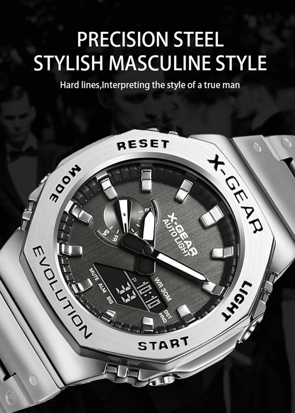 Sports Digital Electronic Unisex Watch Stainless Steel Strap LED Dual Display Multi Function Alloy Large Dial Wristwatch