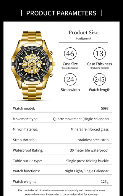 2026 Mens Quartz Watches Top Brand Luxury Stainless Steel Waterproof Hollow Out Big Male Wristwatches Relogio Masculino