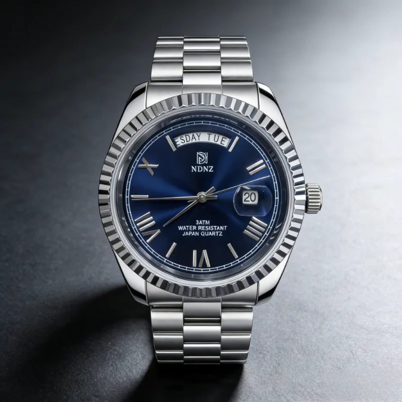Fashionable waterproof couple's wristwatch, men business quartz watch, date and timing function, steel strap, Japanese movement
