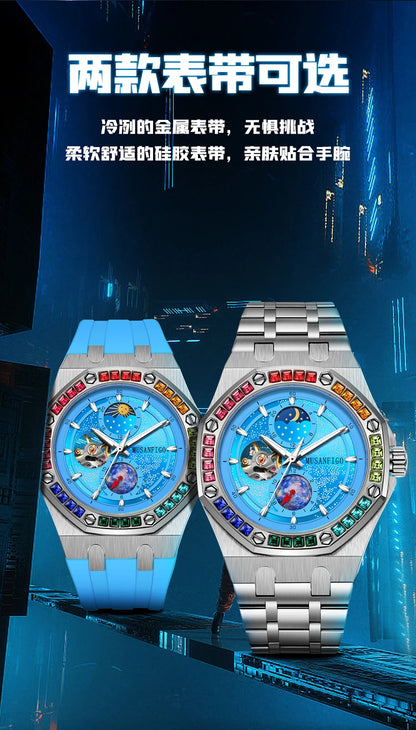 Men's Automatic Watch, Waterproof Watch, Rhinestone, Super Luminous Sun, Moon and Stars, Dial, Skeleton, Men's Gift Watch